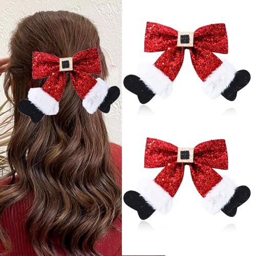 2Pcs Glitter Cute Christmas Bows Barrettes Red Hairpins Hair Accessories for Girls Women Xmas Party Gifts