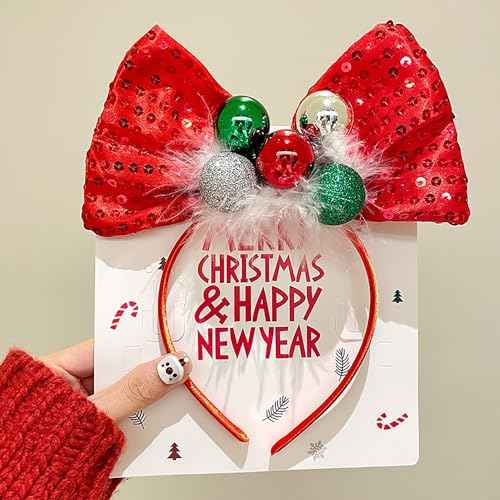 Christmas Headbands for Women, Christmas Ball Headband Red Bow Hair Hoops Sequin Design Cute Hair Bands Holiday Hair Decorations for Christmas Party Costume Props Hair Accessories (1Pcs)