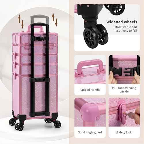 AROUS Rolling Makeup Train Case Large Storage Cosmetic Trolley 5 in 1 Large Capacity Trolley Makeup Travel Case with Key Swivel Wheels Salon Barber Case Traveling Cart Trunk, Pink