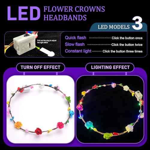 30 Pcs LED Flower Crowns Headbands,Flower Crowns For Women,Mardi Gras Light Up Headbands Tiara Flower Crown Accessories for Wedding Beach Party Birthday Cosplay Halloween Christmas Day