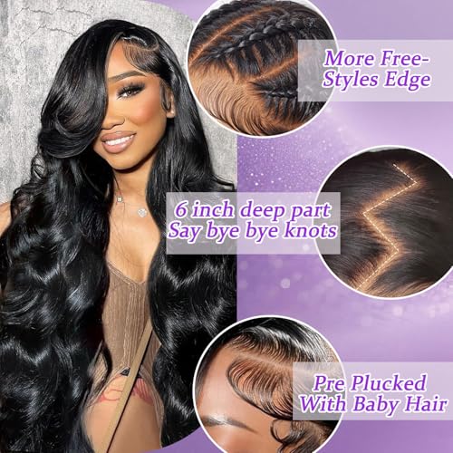 13x6 HD Lace Front Wigs Human Hair Body Wave Lace Frontal Wigs Pre Plucked 200 Density Glueless Wig 18 Inch Body Wave wig with Baby Hair Natural Black
