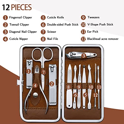 FAMILIFE Manicure Set, Professional Nail Kit Nail Clipper Set, 12PCS Stainless Steel Manicure Kit, with Brown Leather Travel Case Luxury Gifts for Him