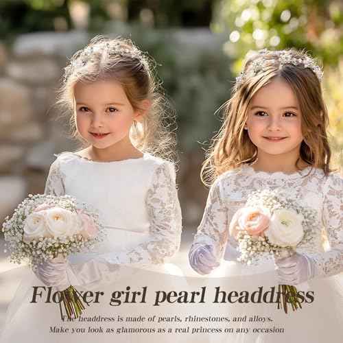 Flower Girl Headpiece, Silver Bridal Headband,Flower Girl Hair Accessories, Princess Crystal Pearl Hair Accessories, Suitable for birthday party, First Communion, Childrens' Day