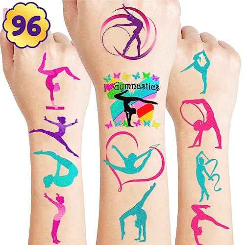 Gymnastic Temporary Tattoos Birthday Themed Party Supplies Decorations Favors 8 Sheets 96PCS Sport Decor Cute Stickers Class School Prizes Gift Kids Boys Girls Carnival Christmas Reward Multicolor