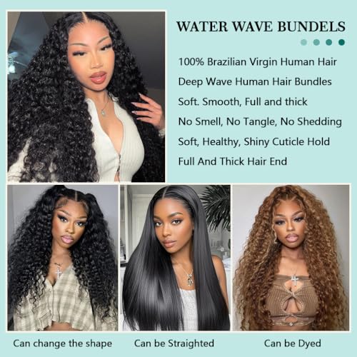 18 18 20 Inch Water Wave Human Hair Bundles Brazilian Virgin Human Hair Bundles 12A Deep Water Wave Bundles 100% Real Human Hair Extensions Natural Black