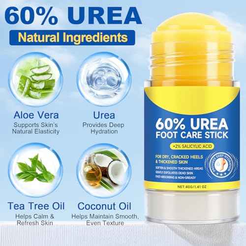 60% Urea Foot Cream Stick with 2% Salicylic Acid, Urea Foot Care Stick & Cream - Moisturizer for Dry, Cracked Skin on Feet, Knees, Elbows & Hands - Hydrates & Repairs Rough Skin 1Pack