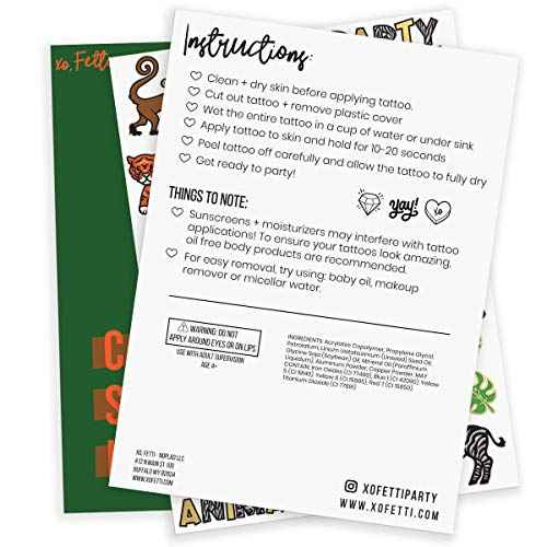 xo, Fetti Jungle Temporary Tattoos for Kids - 30 styles | Zoo, Boys + Girl Craft, Birthday Party Supplies, Baby Shower