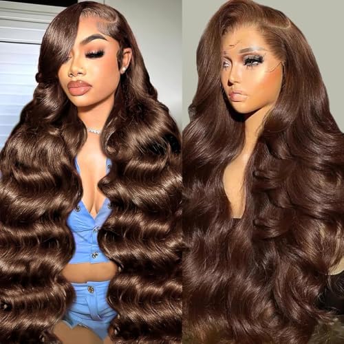 GOLFMAX Chocolate Brown Lace Front Wig 13X6 Lace Front Wig Body Wave Human Hair Pre Plucked With Baby Hair Brown Wigs Human Hair 18 Inch