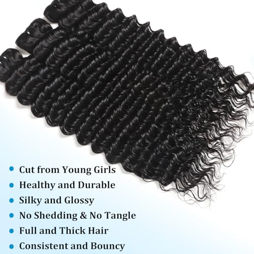 22 24 26 Inch Deep Wave Human Hair Bundles Deep Curly Wave 3 Bundles 12A 100% Unprocessed Brazilian Virgin Human Hair Wet and Wavy Bundles Double Weft Natural Color Human Hair Extensions