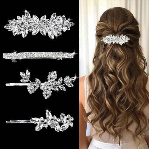 4 Pieces Rhinestone Hair Clips Leaf Wedding Hair Pins Crystal Bobby Pins Silver Bridal Hairpin Barrette for Brides Bridesmaids Flower Girls