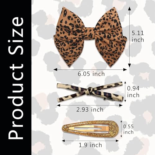 Leopard Bow Hair Clips 3 Styles Barrettes Set Brown Leopard Print Hair Bows Glitter Gold Snap Hair Clips Bowknot Alligator Clips Golden Cheetah Hair Accessories for Women and Girls