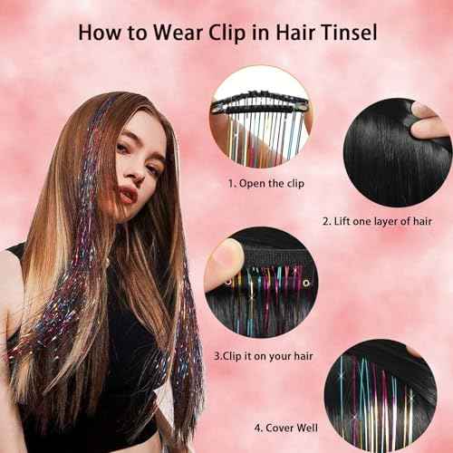 Hair Tinsel Clip in Extensions Silver Fairy Glitter Tinsel Kit for Women Heat Resistant 21.5In 6Pcs Festival Accessories for Party, Christmas, New Year, Halloween, Cosplay
