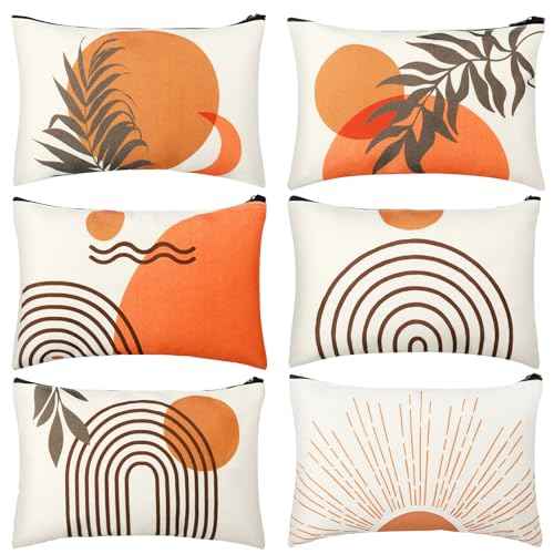 Pinkunn 6 Pcs Boho Makeup Bag Canvas Cosmetic Bags Makeup Pouch for Purse Sunshine Ray Retro Natural Linen Zipper Preppy Pouch Cute Organizer for Women, Bobo Style