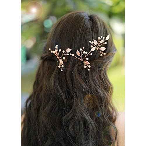 Missgrace Rose Gold Hair Pins (3 Packs), Crystal Leaf Wedding Hair Accessories for Women