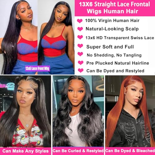 13x6 Lace Front Wigs Human Hair Pre Plucked 22Inch Straight Lace Front Wigs Human Hair 180% Density Wigs For Black Women Wigs with Baby Hair Natural Black