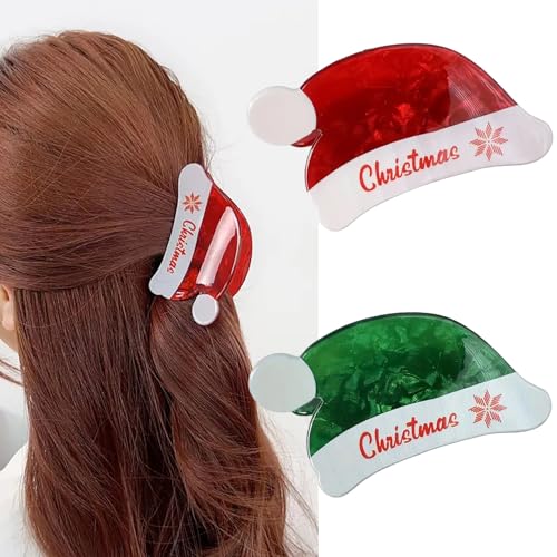 2Pcs Christmas Hair Claw Clips Red Green Santa Hat Hair Clips Medium Size Nonslip Shark Jaw Clips Christmas Acrylic Hair Clip Cute Hair Accessories for Women Xmas Party Hair Supplies