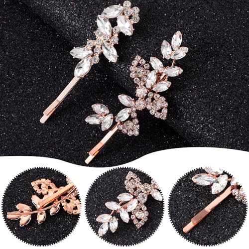 4PCS Rhinestones Hair Clips, Bridal Crystal Hair Pins, 2 Styles French Hairpins Alloy Leaf Shape Barrettes for Women, Girls for Wedding, Parties (Rose Gold, 2 Pairs)