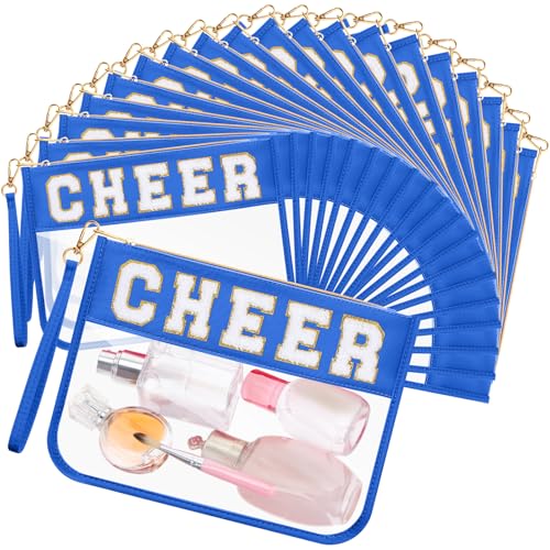 Kacctyen 20 Pcs Chenille Letter Cheer Bags Cheerleader Clear Makeup Bags Snacks Pouch Bulk Preppy Patch Cosmetic Pouch with Wrist Strap Zipper for Travel Team Cheerleaders (Blue)