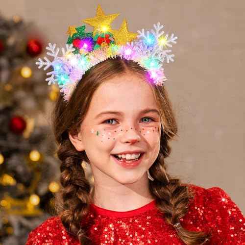 JEAIRTS Light Up Christmas Snowflake Headbands Led Christmas Tree Hair Band Light Up Star Xmas Headpiece Glowing Holiday Hair Accessories for Women