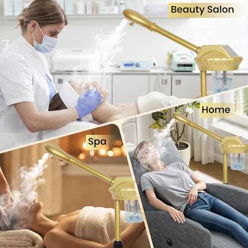 Facial Steamer Professional with More Steam for Deep Cleansing and Hydration, Estheticians Steamer on Wheels with Time Setting, Face Steamer Adjustable Height for Beauty, Spa and Home Use£¨Golden£©
