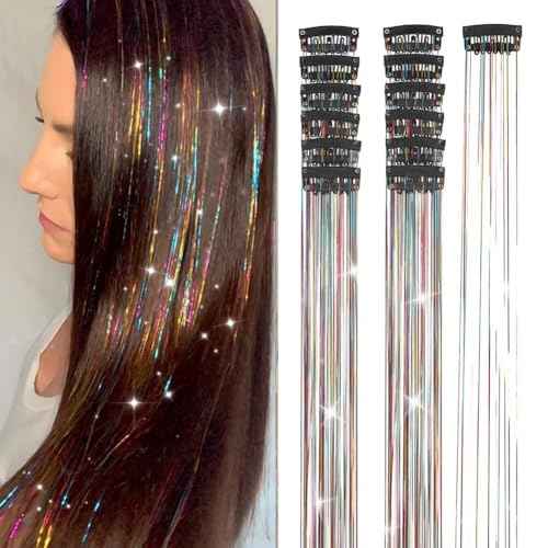 Hair Tinsel 12Pcs Clip in Rainbow Hair Accessories 20.5 Inch Fairy Hair Tinsel Kit for Women Girls Kids Glitter Extensions for Christmas Halloween New Year Party (Rainbow)