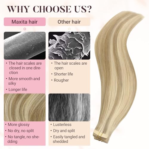 MAXITA Tape in Hair Extensions Human Hair, Balayage Light Blonde Highlighted Golden Blonde Grey Tone 24Inch 50g 20pcs, Thick Ends Straight Seamless Tape ins, Invisible Hair Extensions Real Human Hair