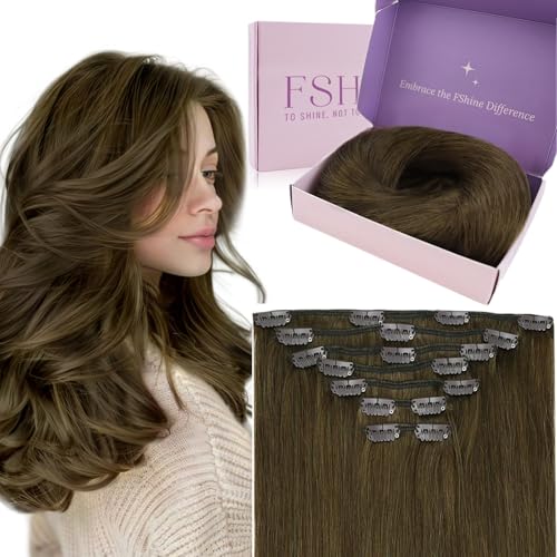Fshine Clip in Hair Extensions Real Human Hair Medium Brown Clip Ins Double Weft #4 14inch 120g 7pcs Work Style Weekend Outing