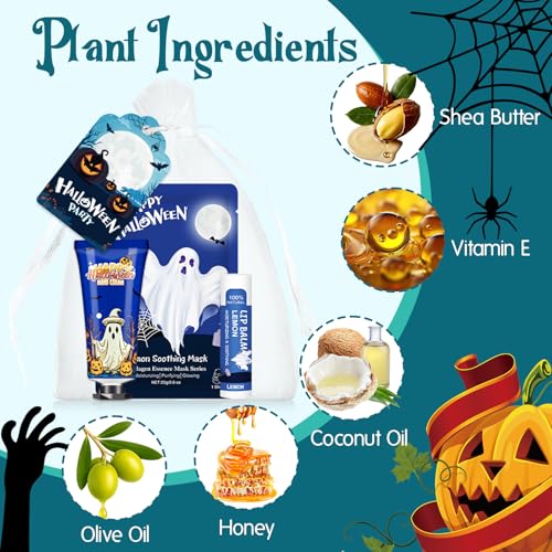 VESPRO 50 Pack Halloween Hand Cream, Facial Mask and Lip Balm Set, Bulk Halloween Gifts for Women, Halloween Decorations, Halloween Party Favors, Halloween Basket Stuffers and Halloween Skincare