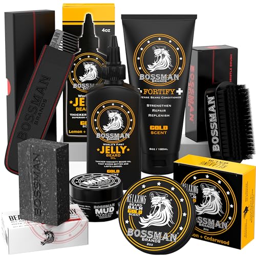Bossman Big Boss Beard Care Kit for Men - 7 Piece Beard Grooming Kit with Jelly Beard Oil, Beard Conditioner, Beard Balm, MUDstache Wax, Bar Soap, Metal Comb, Brush - Gift Set for Men (Gold)