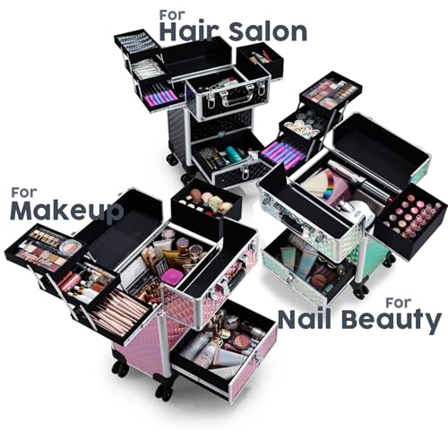 Hododou Rolling Makeup Case Cosmetic Travel Trolley Storage Sliding Drawer 4 Tray Makeup Travel Case with Wheels Salon Barber Case Traveling Cart Trunk for Cosmetologist Nail Tech Hairstylist Black