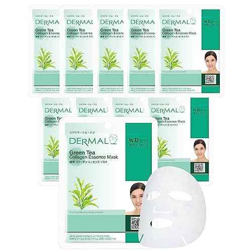 DERMAL Green Tea Collagen Essence Facial Mask Sheet 23g Pack of 10 - Hydrating and Soothing for Sensitive Oily Skin, Revitalize Dull Skin, Daily Skin Treatment Solution Sheet Mask