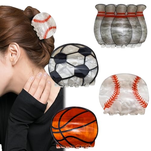4 PACK Baseball Basketball Hair Claw Clips for Women, Bowling Football Hairpins, Medium Size Acetate Hair Clips, Non-Slip Sports Hair Barrettes Strong Hold Jaw Clips Hair Accessories for Women Girls