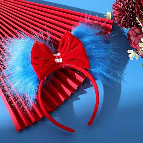 Halloween Blue and Red Bow Headband Large Furry Hair Bow Headband Fuzzy Pom Hairband for Women Girls Holiday Party