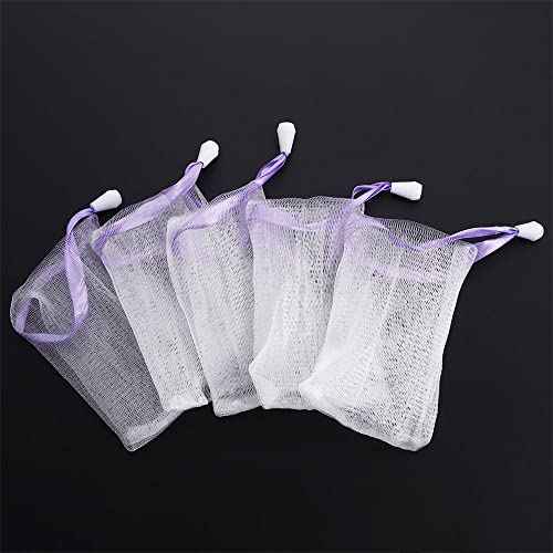 Leadigol 10PCS Face Cleansing Foaming Nets, Mesh Soap Pouch, Bubble Foam Double Layer Net Soap Sack Saver Pouch, White Pouch with Drawstring, Drawstring Holder Bags