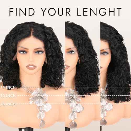 UREMY Bouncy Curly Wigs Human Hair, 13x4 Lace Front Burmese Curly Bob Wig for Black Women, Water Wave Pre Plucked Transparent Lace, Natural Black, 14 Inch, 180% Density