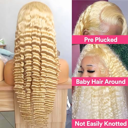 613 Deep Wave Wig Human Hair 13x6 Blonde Lace Front Wigs Human Hair 180% Density 613 HD Lace Frontal Wig for Women Blonde Glueless Wigs Human Hair Pre Plucked with Baby Hair 20 inch