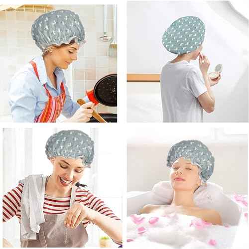 Double Layer Shower Cap for Women Waterproof Reusable Elastic Band, Ruffled Edges Covering Ears for Long, Short & Curly Hair (Blue Bird)