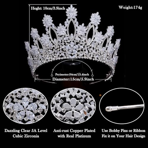 Aoligrace Silver Tall Wedding Tiaras for Women Luxury Cubic Zirconia Quinceanera Crowns for Women CZ Pageant Birthday Bridal Hair Accessories