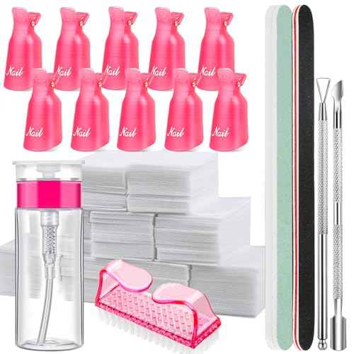 FANDAMEI Nail Polish Gel Remover Tools Kit with Nail Clips, 100ml Nail Polish Remover Bottle, 500 Nail Remover Cotton Pad, Nail Brush, Cuticle Pusher/Peeler, 100/180 Nail File,Buffer Block