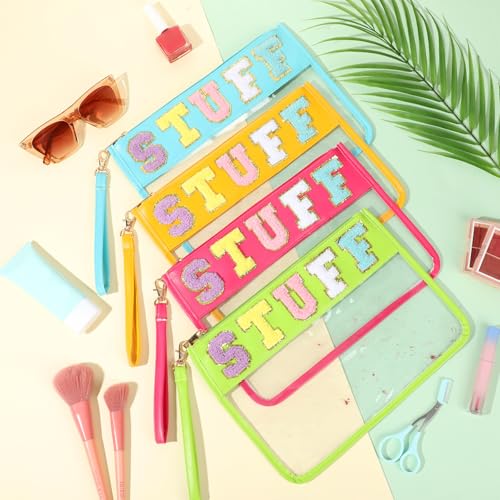 Nuanchu 9 Pcs Clear Chenille Letter Bag Stuff Pouch PVC Waterproof Preppy Cosmetic Makeup Bag Snack Travel Beach Pouch with Wrist let for Teen Women Gifts Operation Christmas Gifts Items