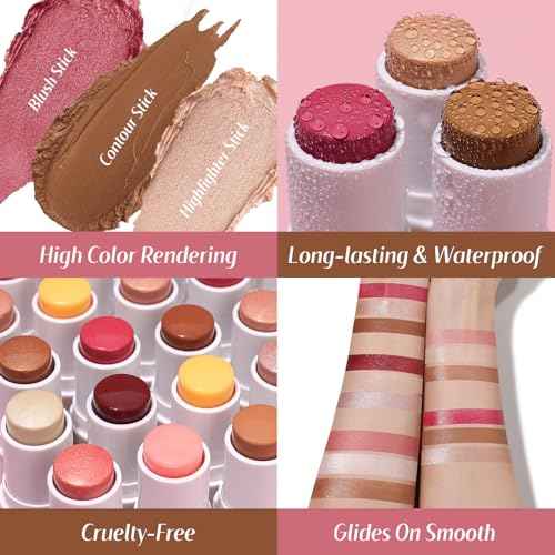 KIMUSE Face Sticks Trio, Cream Blush Stick & Highlighter Stick & Contour Stick for Sculpt the Cheeks, Long Lasting Cream Contour Stick Trio for Face Makeup, with Brush