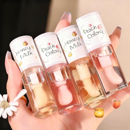 4PCS Tinted Hydrating Lip Oil Set,Clear Lip Gloss,Honey Lip Oil,Lip Gloss Flavoring Oil Long Lasting Nourishing for Women Girls
