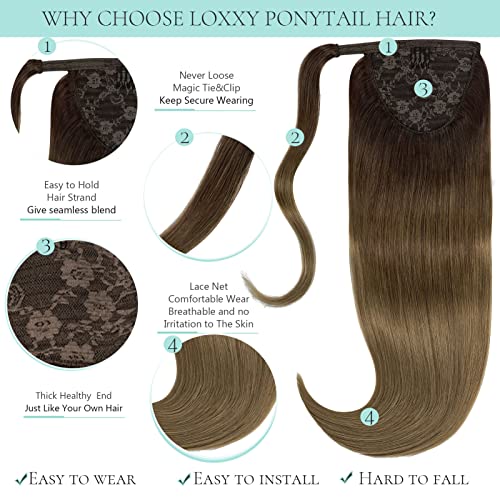 Long Ponytail Extension Human Hair Balayage Ponytail Hair Extensions Natural Wrap Around Clip on Ponytails for Women with Magic Paste 20 Inch 90g Ombre Darker Brown Mix Light Brown to Light Brown