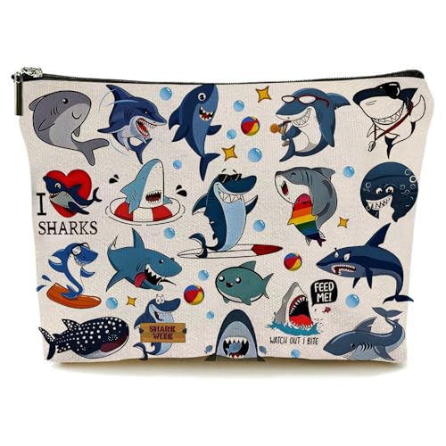 Blue Shark Makeup Bag for Women - Lightweight Travel Pouch with Lining, High-definition, Double-Sided Printed, Funny Gift Bags for Birthday & Christmas Gifts