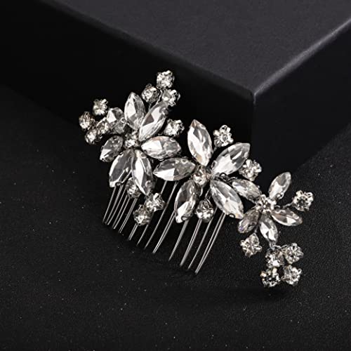 Hair Comb, Clear Flower Crystal Rhinestone Teardrop Hair Clip, Silver, 10*5CM, for Bride Bridesmaid Prom Hair Pieces, Women and Girls