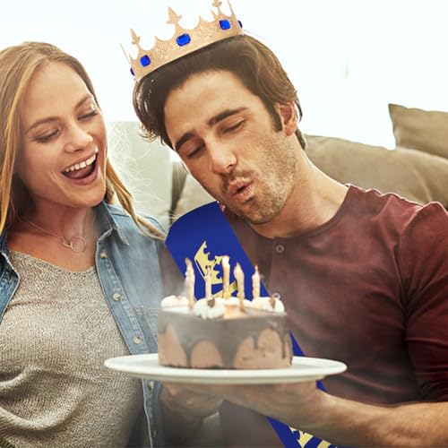 CURASA Birthday King Crowns for Men Gold Birthday Crown for Men Royal Blue Birthday King Sash and Crown Birthday Sash for Men Birthday Decoration Hair Accessories for Mens Party Prom