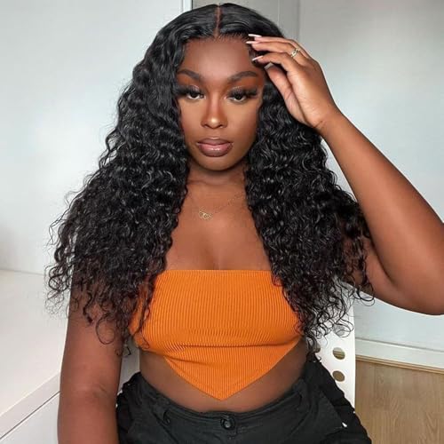 Glueless Wigs Human Hair Pre Cut 5x5 Lace Closure Deep Wave Wig 180% Density Wear and Go Human Hair Curly Wigs for Black Women Natural Black Color Small Head Friendly 26Inch