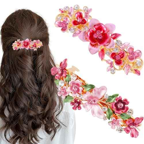 2 PCS Vintage Flower Jewelry Design Hairpin,Pink Rhinestone Flower Hair Clips Hair Barrette for Women and Girls French Style Hair clips Hair Accessories