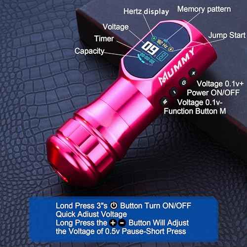 Mummy Tattoo Rotary Cartridge Machine Rotary Battery Pen with1500mAh Digital LED Display for Tattoo Equipment Supply (pink)