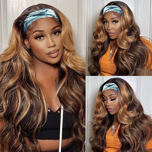 Ombre Headband Wig Human Hair Body Wave #4/27 Highlight 22 Inch Headband Wigs Human Hair Wigs for Black Women Brazilian Virgin Hair Wear and Go Glueless Wig None Lace Front Wigs 150% Density